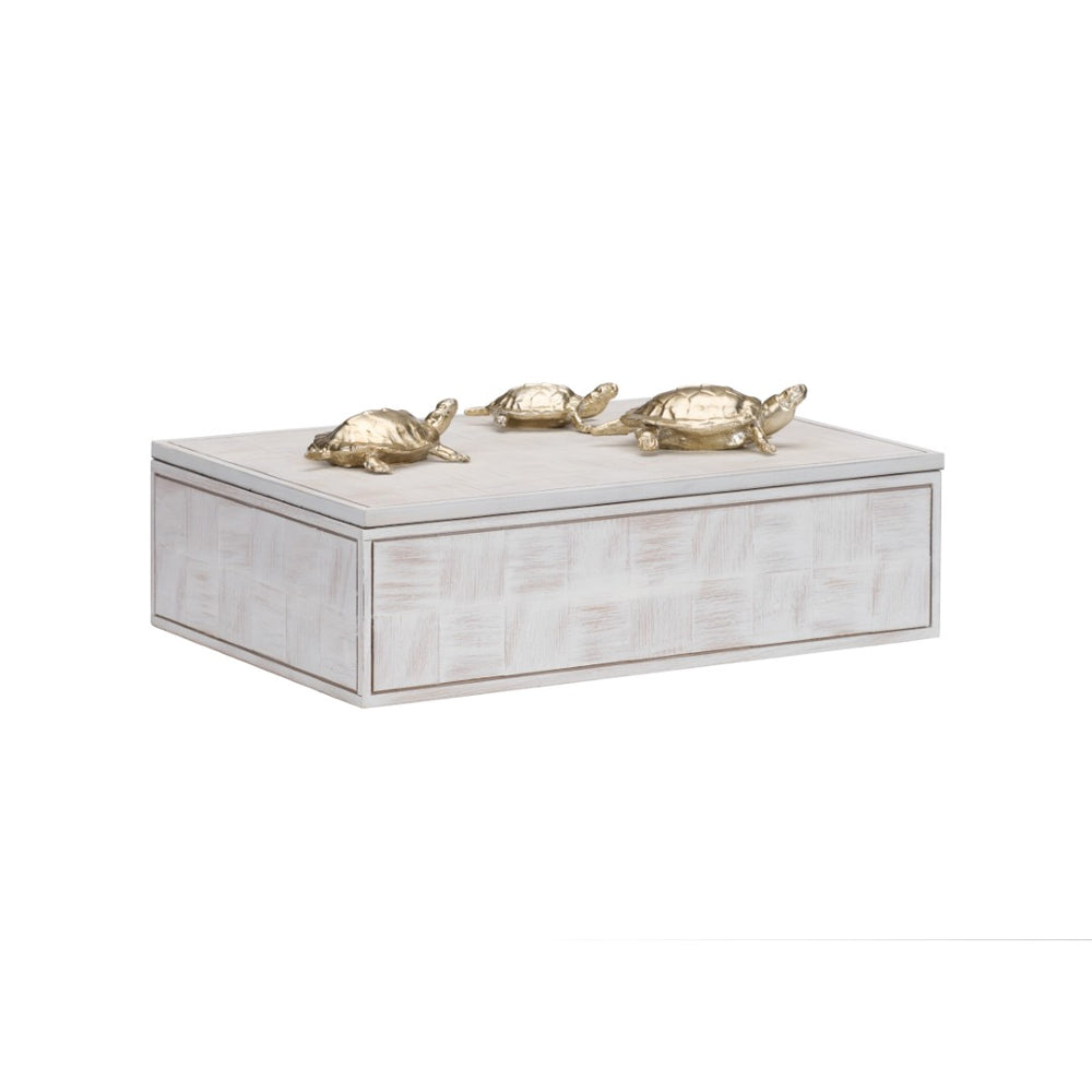 Wildwood Tortoise Family Box Whitewash Decorative Storage With Silver-Plated Turtles — Coastal Charm & Organization 301293