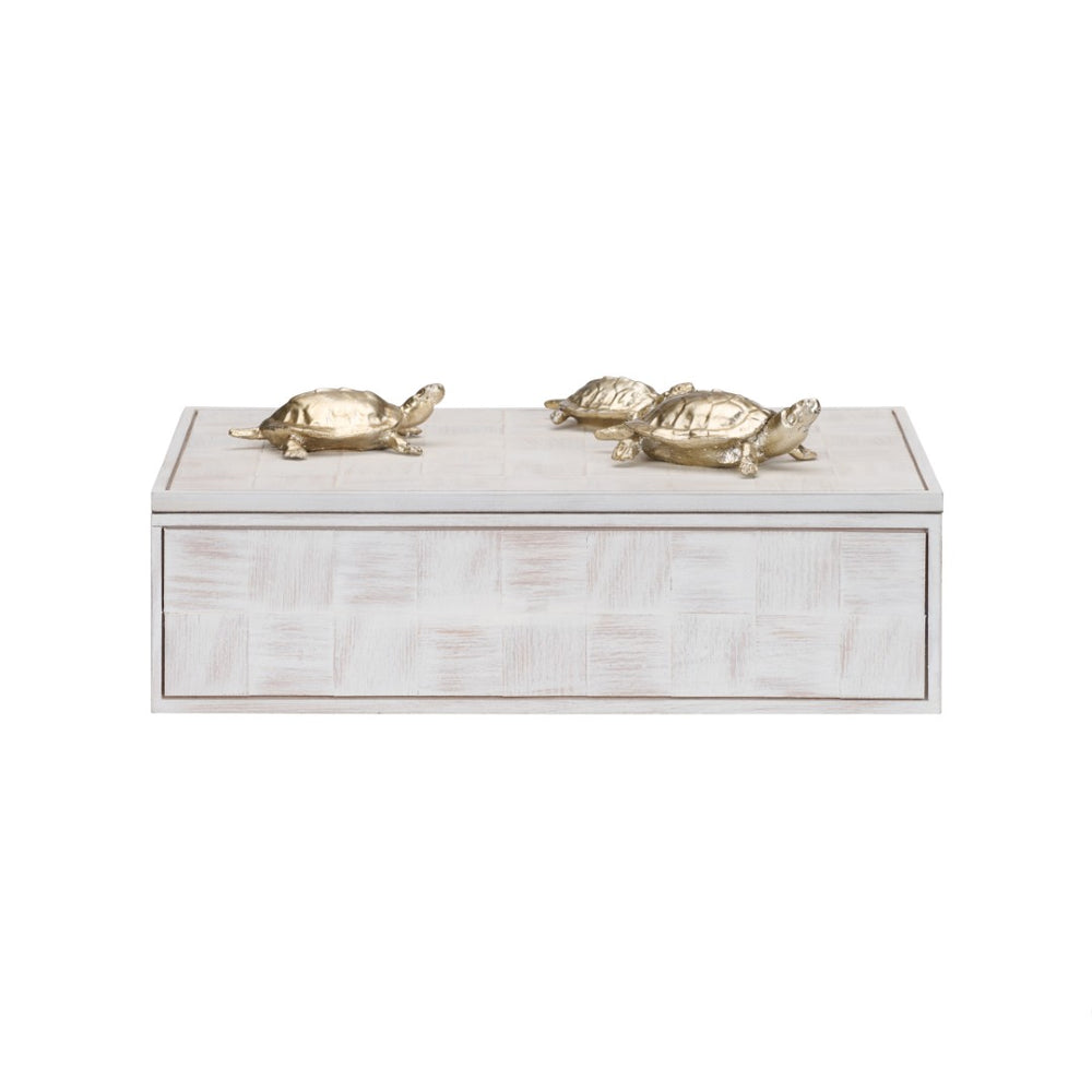Wildwood Tortoise Family Box Whitewash Decorative Storage With Silver-Plated Turtles — Coastal Charm & Organization 301293