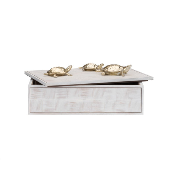 Wildwood Tortoise Family Box Whitewash Decorative Storage With Silver-Plated Turtles — Coastal Charm & Organization 301293