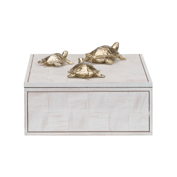 Wildwood Tortoise Family Box Whitewash Decorative Storage With Silver-Plated Turtles — Coastal Charm & Organization 301293
