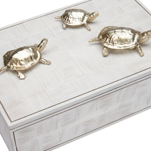 Wildwood Tortoise Family Box Whitewash Decorative Storage With Silver-Plated Turtles — Coastal Charm & Organization 301293