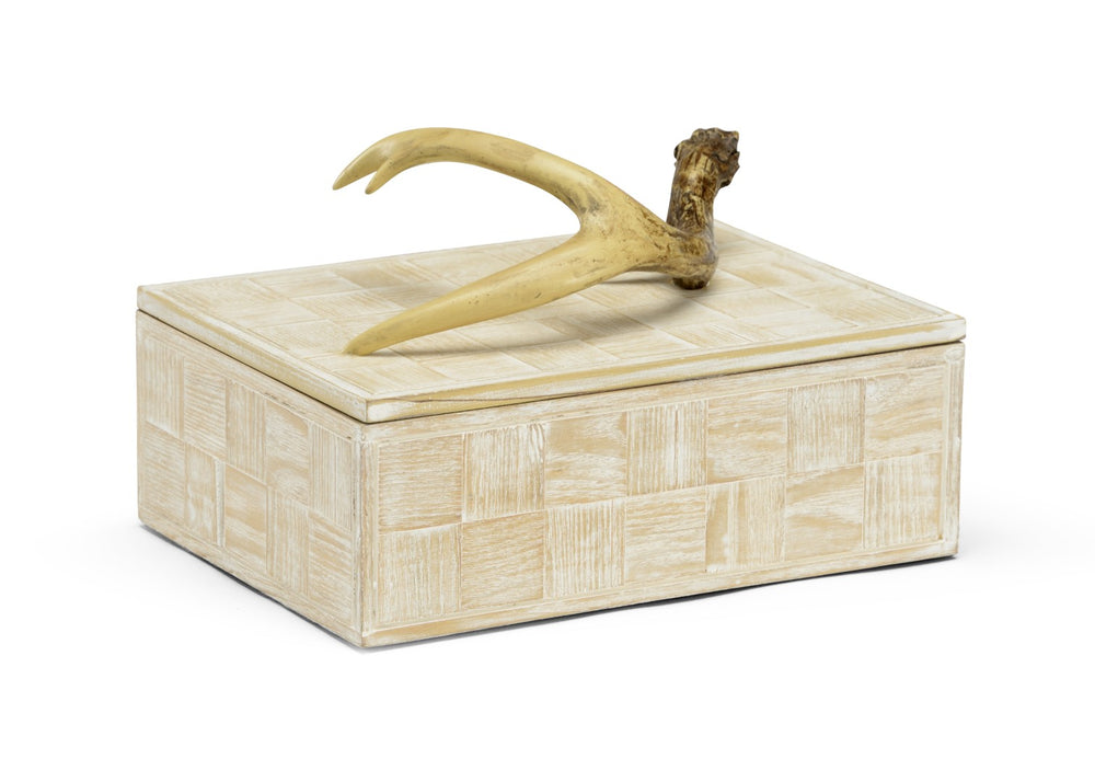 Wildwood Antler Whitewashed Rustic Storage Box With Composite Antler Lid — Compact Entryway Keepsake Chest 301294