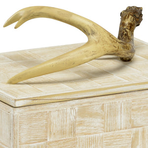 Wildwood Antler Whitewashed Rustic Storage Box With Composite Antler Lid — Compact Entryway Keepsake Chest 301294