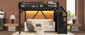 English Elm Full Xl Over Twin Triple Metal Bunk Bed with Storage Stairs and Shelves Black Black+Natural W1580S00407
