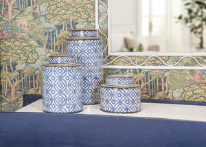 Wildwood Thelma Porcelain Canisters Trio – Blue & White Geometric Jars With Gold Trim, Decorative Storage Set 301309