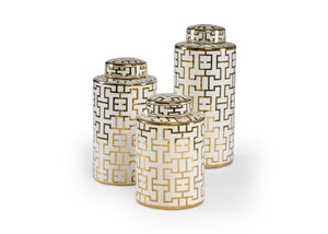 Wildwood Noble White Glazed Porcelain Canister Set Of 3 With Metallic Gold Geometric Pattern For Decor 301447