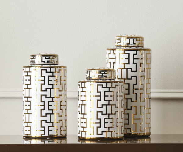 Wildwood Noble White Glazed Porcelain Canister Set Of 3 With Metallic Gold Geometric Pattern For Decor 301447