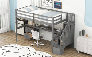 English Elm Twin Loft Bed with Built-In Desk and Double Storage Drawers, Pine & MDF Frame for Small Rooms Gray GX000382AAE