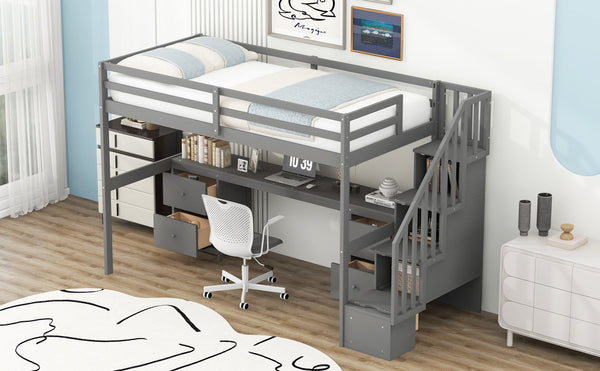 English Elm Twin Loft Bed with Built-In Desk and Double Storage Drawers, Pine & MDF Frame for Small Rooms Gray GX000382AAE