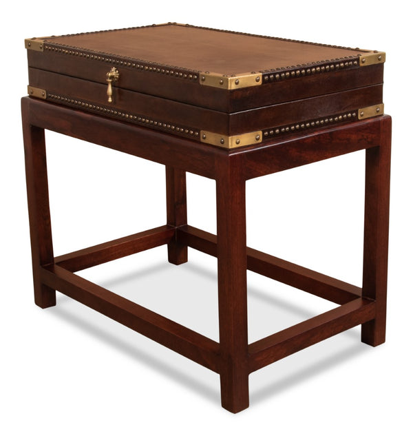 Sarreid Winchester Antique Leather Box On Elegant Stand - Exquisite Wood, Brass Details, And Interior Charm Brown  30149