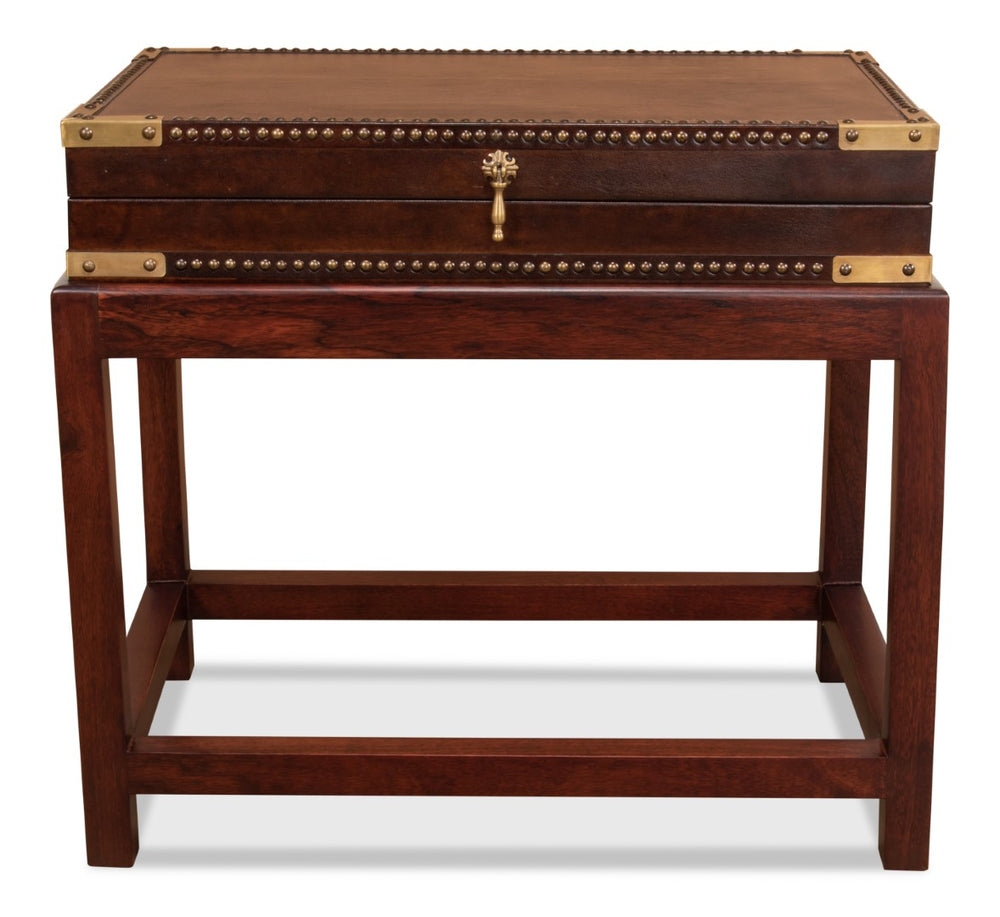 Sarreid Winchester Antique Leather Box On Elegant Stand - Exquisite Wood, Brass Details, And Interior Charm Brown  30149