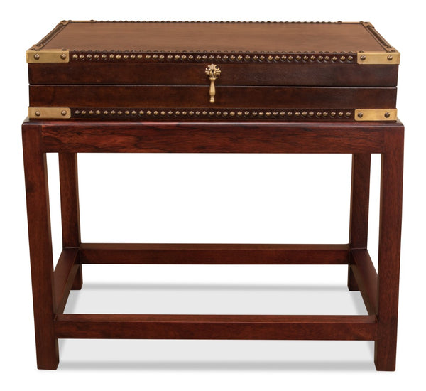 Sarreid Winchester Antique Leather Box On Elegant Stand - Exquisite Wood, Brass Details, And Interior Charm Brown  30149
