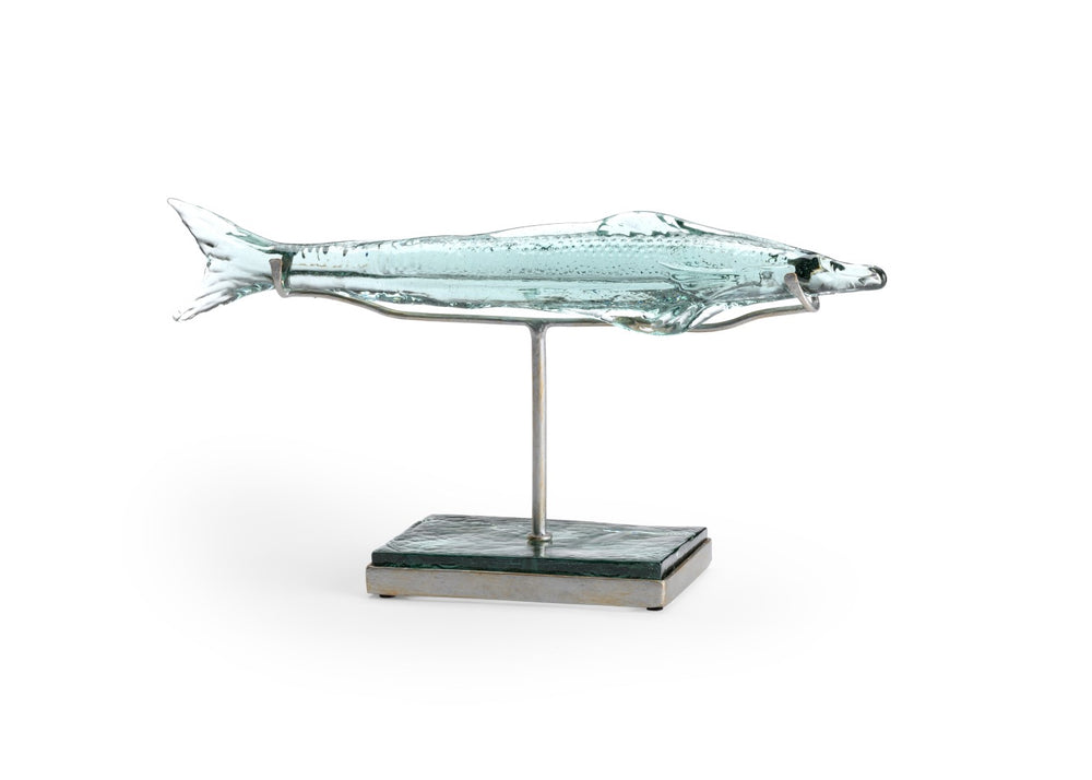 Wildwood Flying Fish Small Recycled Green Glass Sculpture On Antique Silver Iron Stand — Coastal Decor Accent 301570