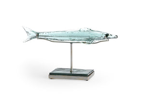 Wildwood Flying Fish Small Recycled Green Glass Sculpture On Antique Silver Iron Stand — Coastal Decor Accent 301570