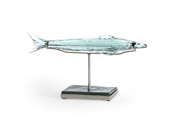 Wildwood Flying Fish Small Recycled Green Glass Sculpture On Antique Silver Iron Stand — Coastal Decor Accent 301570