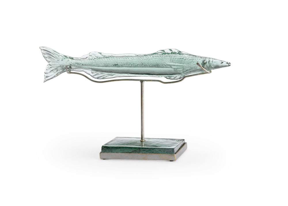 Wildwood Flying Recycled Green Glass Fish On Antique Silver Stand — 22.5" Coastal Sculpture Centerpiece For Shelves 301572