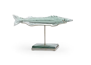 Wildwood Flying Recycled Green Glass Fish On Antique Silver Stand — 22.5" Coastal Sculpture Centerpiece For Shelves 301572
