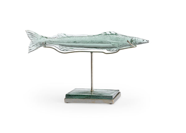 Wildwood Flying Recycled Green Glass Fish On Antique Silver Stand — 22.5" Coastal Sculpture Centerpiece For Shelves 301572