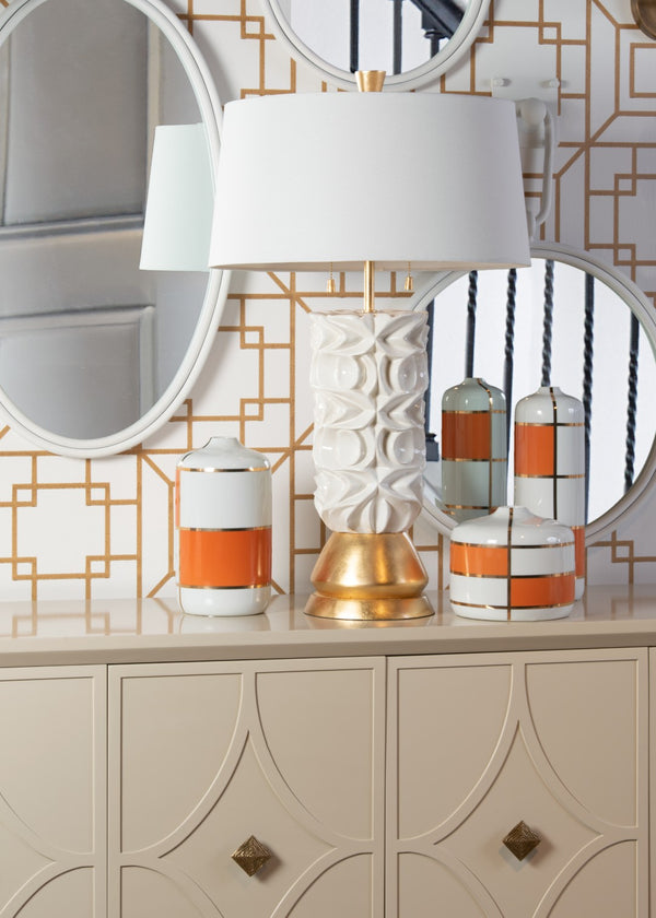 Wildwood Massaro Ceramic Canister Set — White Glaze With Orange Block & Gold Trim, Trio For Pantry Or Decor 301592