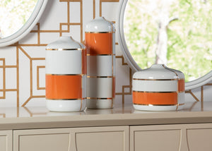 Wildwood Massaro Ceramic Canister Set — White Glaze With Orange Block & Gold Trim, Trio For Pantry Or Decor 301592