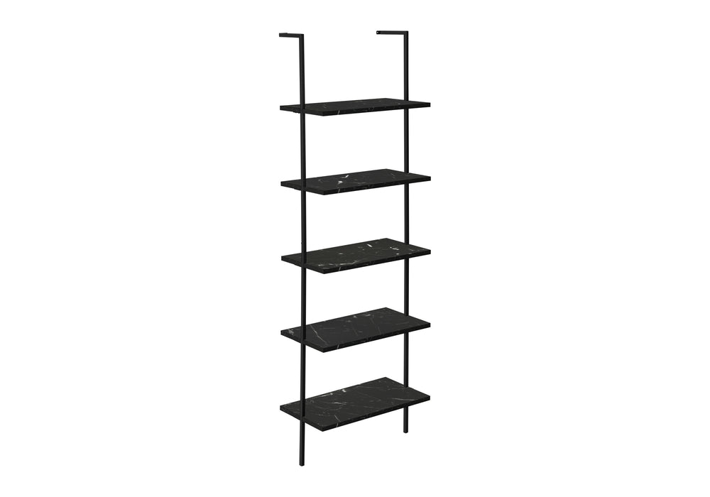 English Elm Bookshelf, 5-Tier Ladder Design With Black Marble-Look Shelves & Metal Frame For Modern Spaces B2710P219406