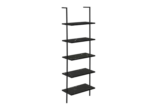 English Elm Bookshelf, 5-Tier Ladder Design With Black Marble-Look Shelves & Metal Frame For Modern Spaces B2710P219406