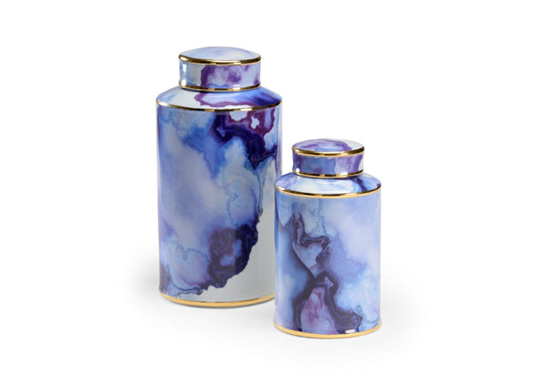 Wildwood Azul Ceramic Canister Set Of 2 — Blue & White Decal With Metallic Gold Trim, Coastal Display Accent (15" & 11") 301659
