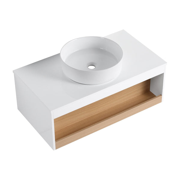 English Elm 36" Floating Bathroom Vanity Light Oak Modular Cabinet with Gel Coat Integrated Sink W3450S00061