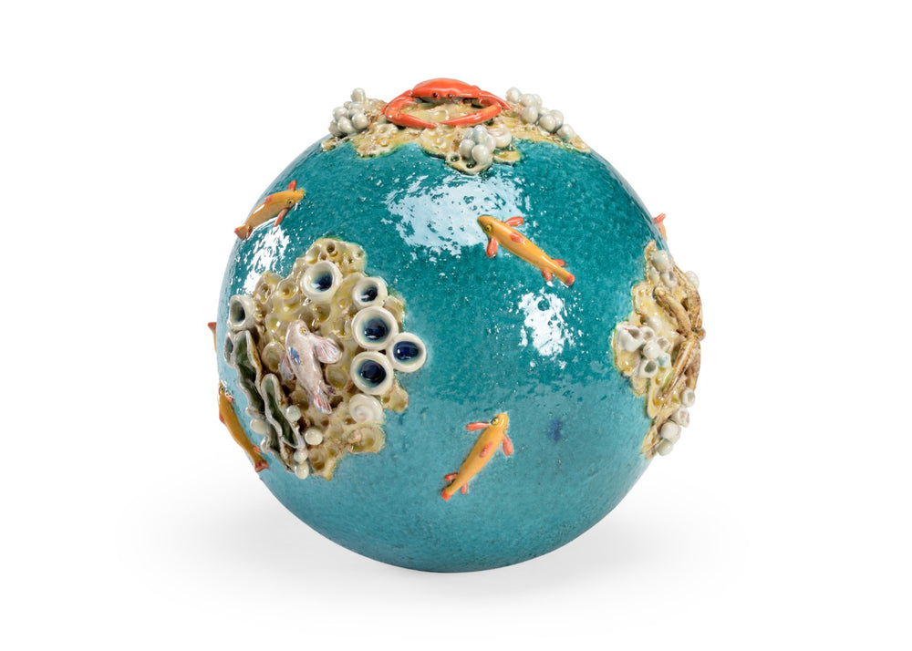 Wildwood Sea Sphere Hand‑Sculpted Ceramic Coastal Accent With Raised Crab, Starfish, Barnacles & Glossy Glazefinish 301664