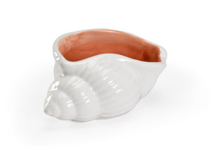 Wildwood Marco Italian Ceramic Shell Bowl, Matte White Exterior With Glossy Coral Interior, Coastal Centerpiece 301685