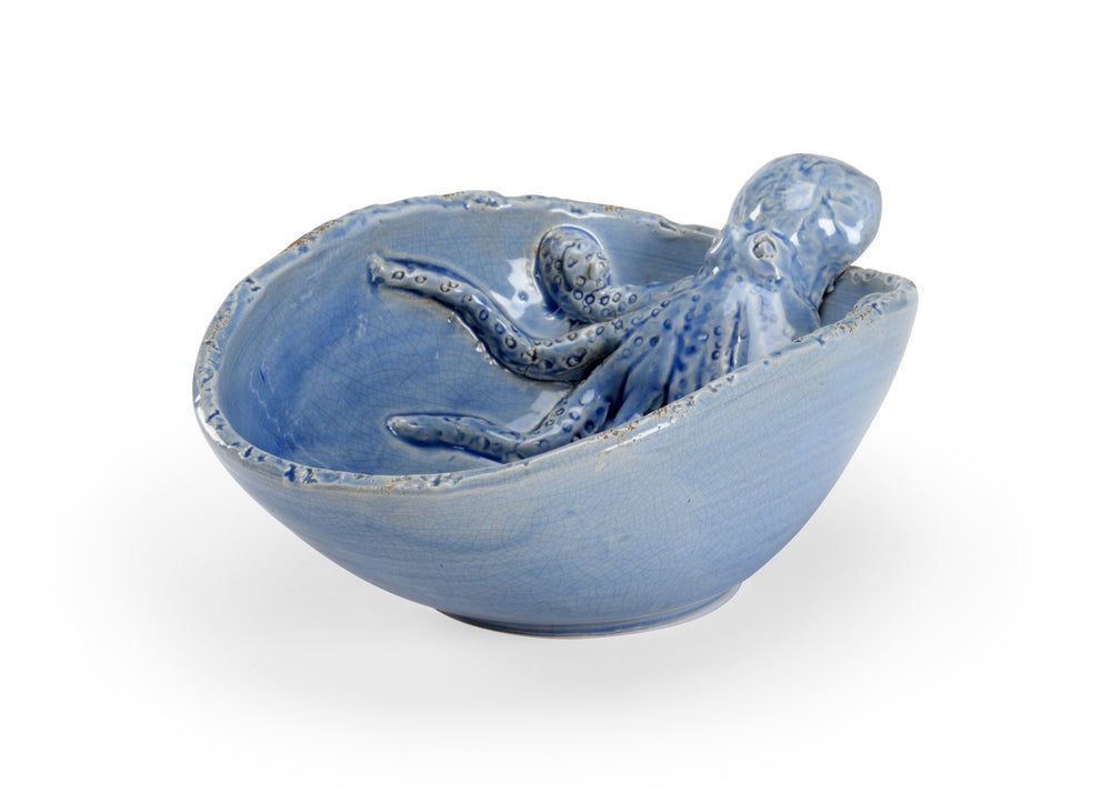 Wildwood Octopus Italian Ceramic Bowl With Sculpted Octopus Motif, Deep Blue Glaze Centerpiece For Home Decor 301693