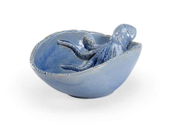 Wildwood Octopus Italian Ceramic Bowl With Sculpted Octopus Motif, Deep Blue Glaze Centerpiece For Home Decor 301693