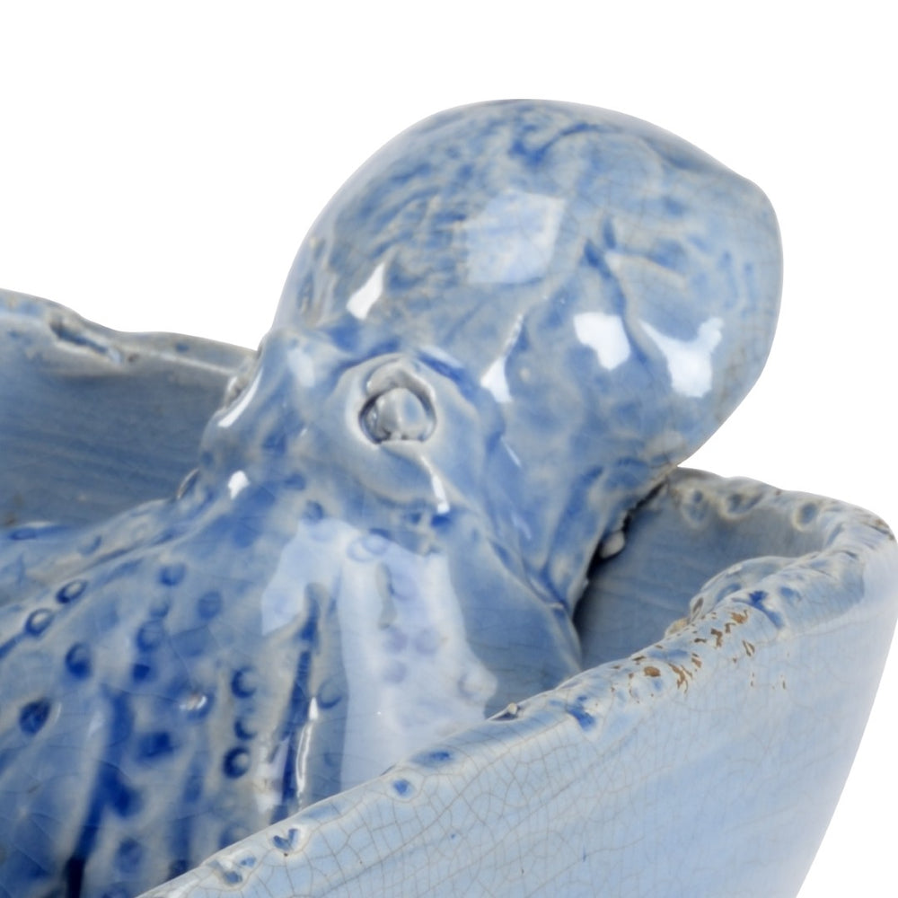 Wildwood Octopus Italian Ceramic Bowl With Sculpted Octopus Motif, Deep Blue Glaze Centerpiece For Home Decor 301693