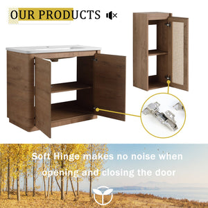 English Elm 40'' Freestanding Bathroom Vanity With Ceramic Sink, Soft-Close Doors & Side Cabinet For Stylish Storage W999S00404