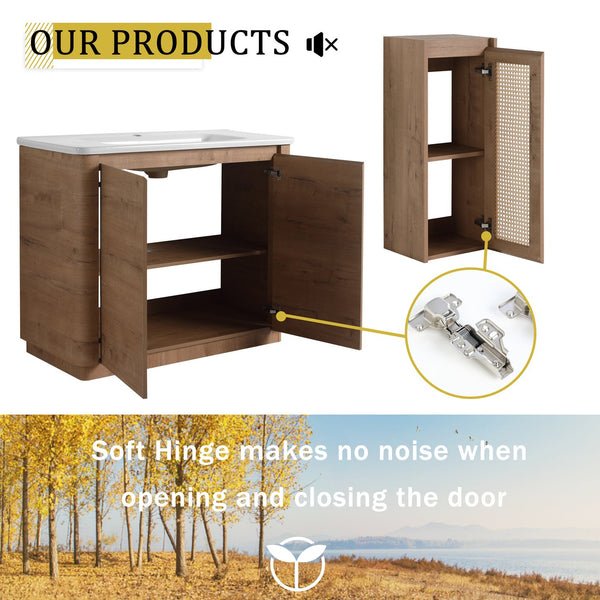 English Elm 40'' Freestanding Bathroom Vanity With Ceramic Sink, Soft-Close Doors & Side Cabinet For Stylish Storage W999S00404