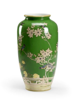 Wildwood Brook Glen Birds Glossy Green Ceramic Vase With Hand-Painted Floral & Bird Motifs, 14" H Elegance 301721