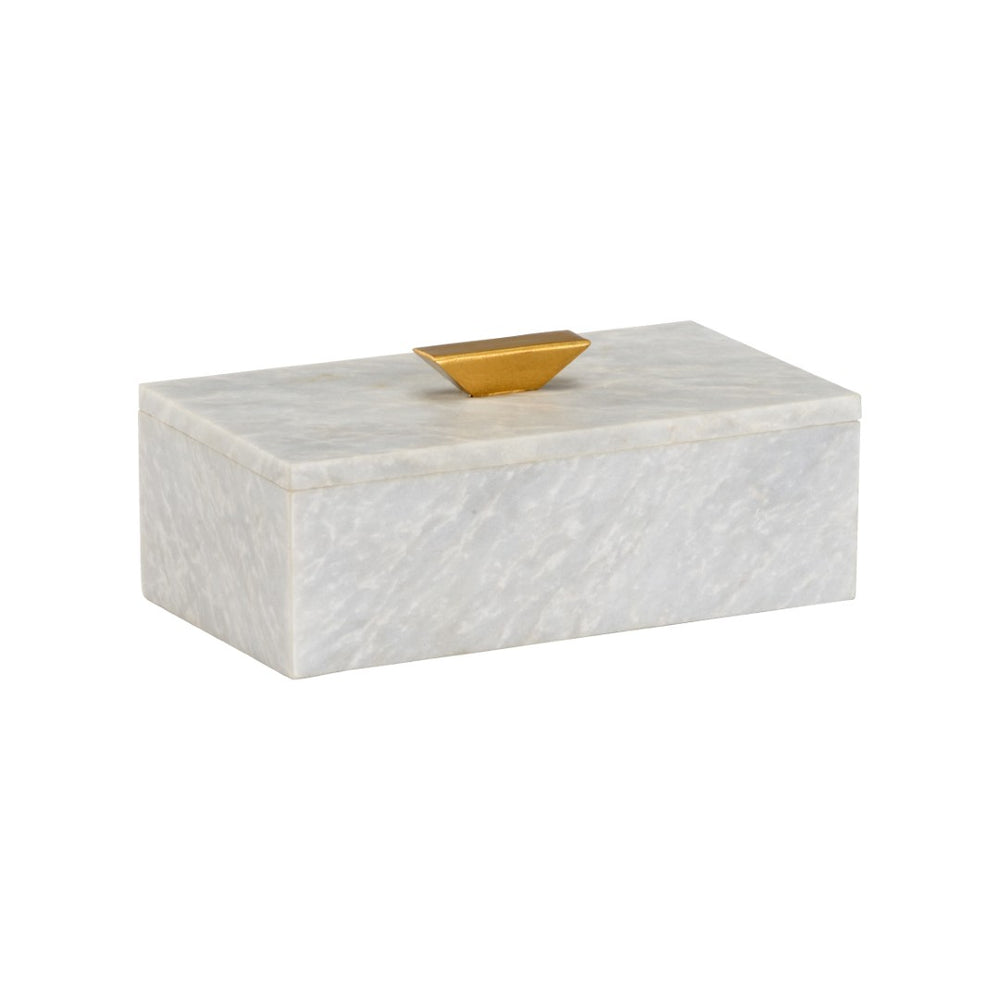 Wildwood Rectangle Marble Keepsake Box With Gold Handle — Polished White Marble Jewelry Storage Tray Elegance 301741