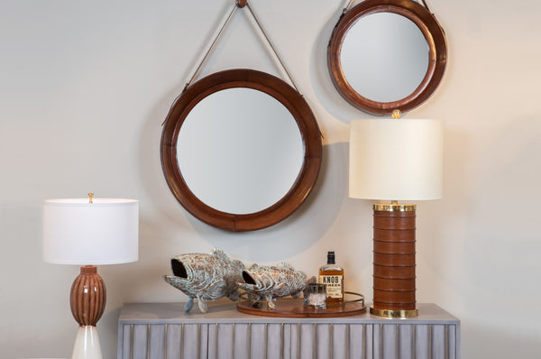 Wildwood Taner Round Cognac Leather Mirror 41" X 28" — Rustic-Modern Focal Piece With Stitched Hanger & Bold Scale 301802