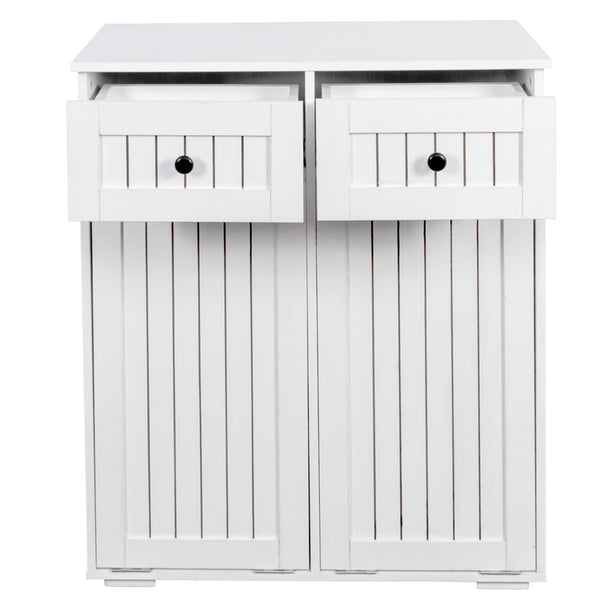 English Elm Laundry Sorting Cabinet with Two Hamper Bags Two Drawers and Melamine Finish W331P373959