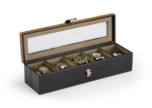 Wildwood Watch Display Box For 5 Watches — Black & Gold Leather Case With Faux Suede Lining, Buckle Closure 301868