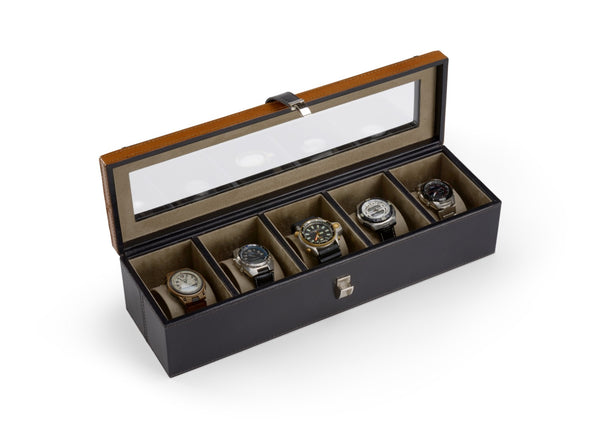 Wildwood Watch Display Box For 5 Watches — Black & Gold Leather Case With Faux Suede Lining, Buckle Closure 301868