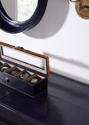 Wildwood Watch Display Box For 5 Watches — Black & Gold Leather Case With Faux Suede Lining, Buckle Closure 301868