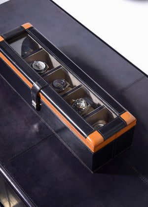 Wildwood Watch Display Box For 5 Watches — Black & Gold Leather Case With Faux Suede Lining, Buckle Closure 301868