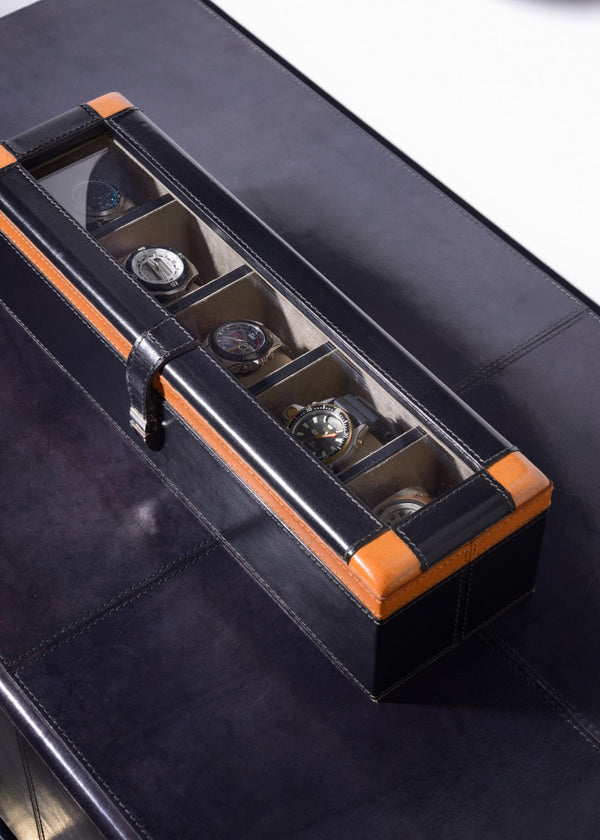 Wildwood Watch Display Box For 5 Watches — Black & Gold Leather Case With Faux Suede Lining, Buckle Closure 301868