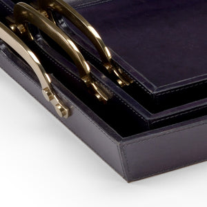 Wildwood Bruce Midnight Leather Tray Set Of 3 — Nesting Serving Trays With Antique Brass Handles, Versatile Decor 301872