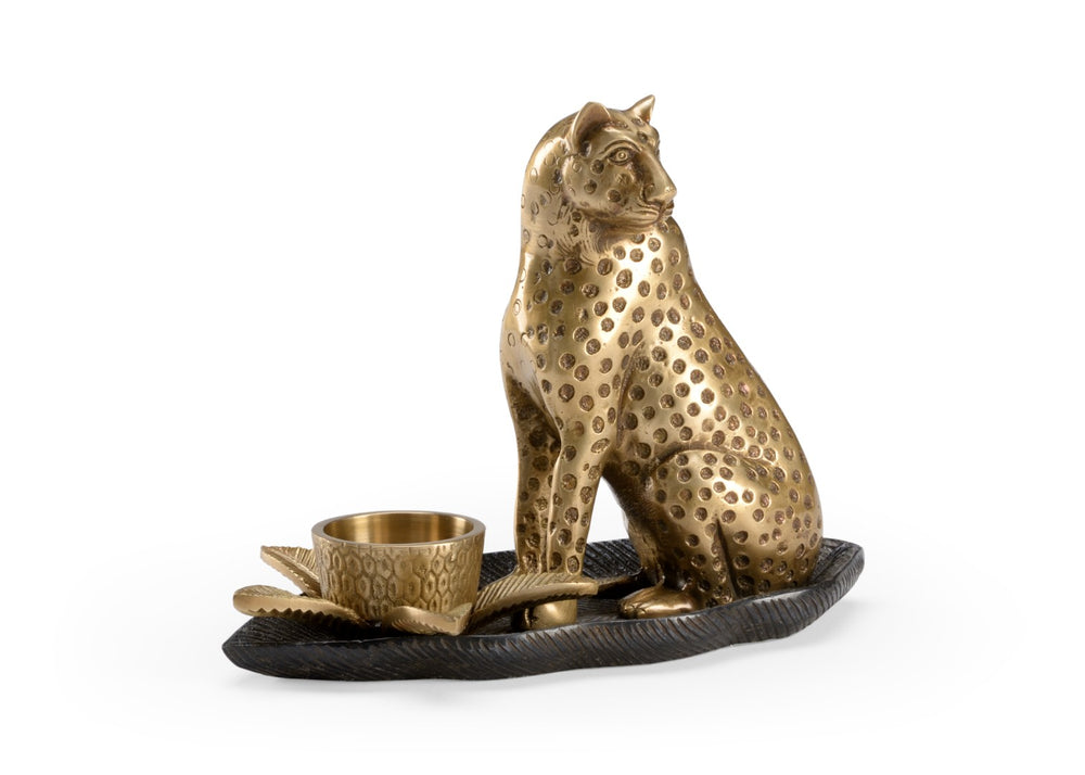 Wildwood Brass Kat Candlestick Leopard On Black Leaf With Brass Votive — Vintage Glam Accent For Mantel (98) 301903