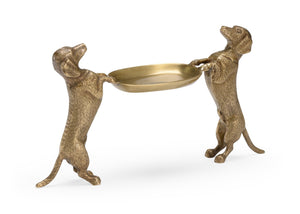 Wildwood Brass Dachshund Pair Tray — Antique Patina Solid Brass Catchall For Keys, Jewelry, Entryway Decor 301906