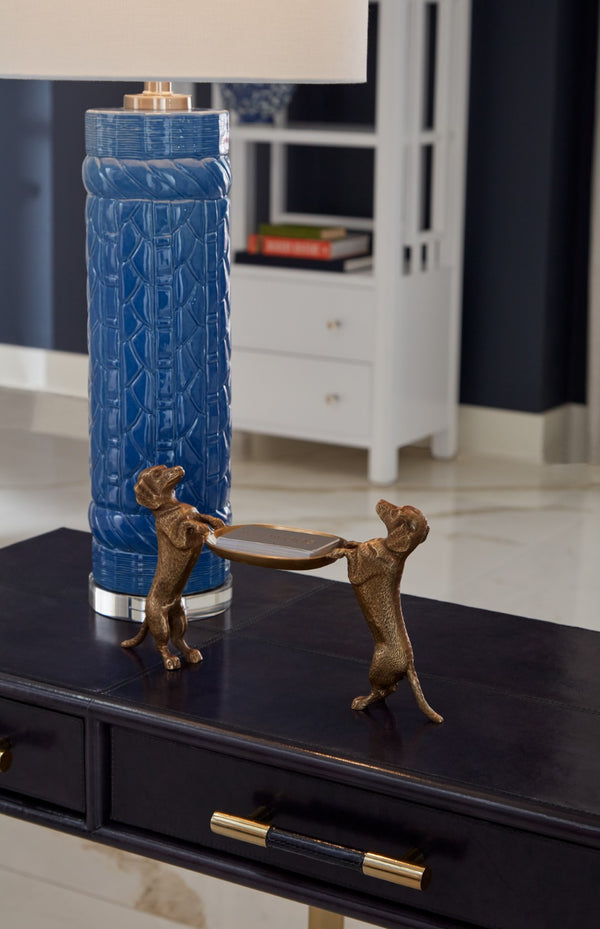 Wildwood Brass Dachshund Pair Tray — Antique Patina Solid Brass Catchall For Keys, Jewelry, Entryway Decor 301906