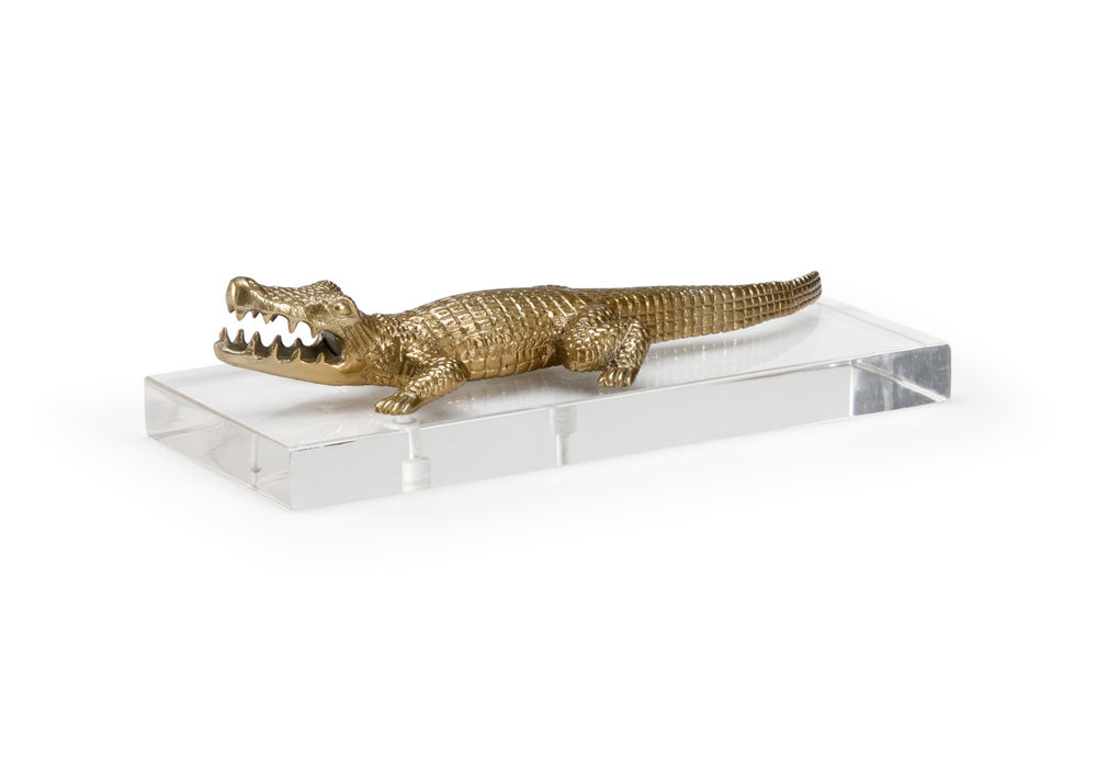 Wildwood Croc Antique Brass Crocodile Figurine On Clear Acrylic Base — Sculptural Mantel Accent, 14.25" Wide 301907