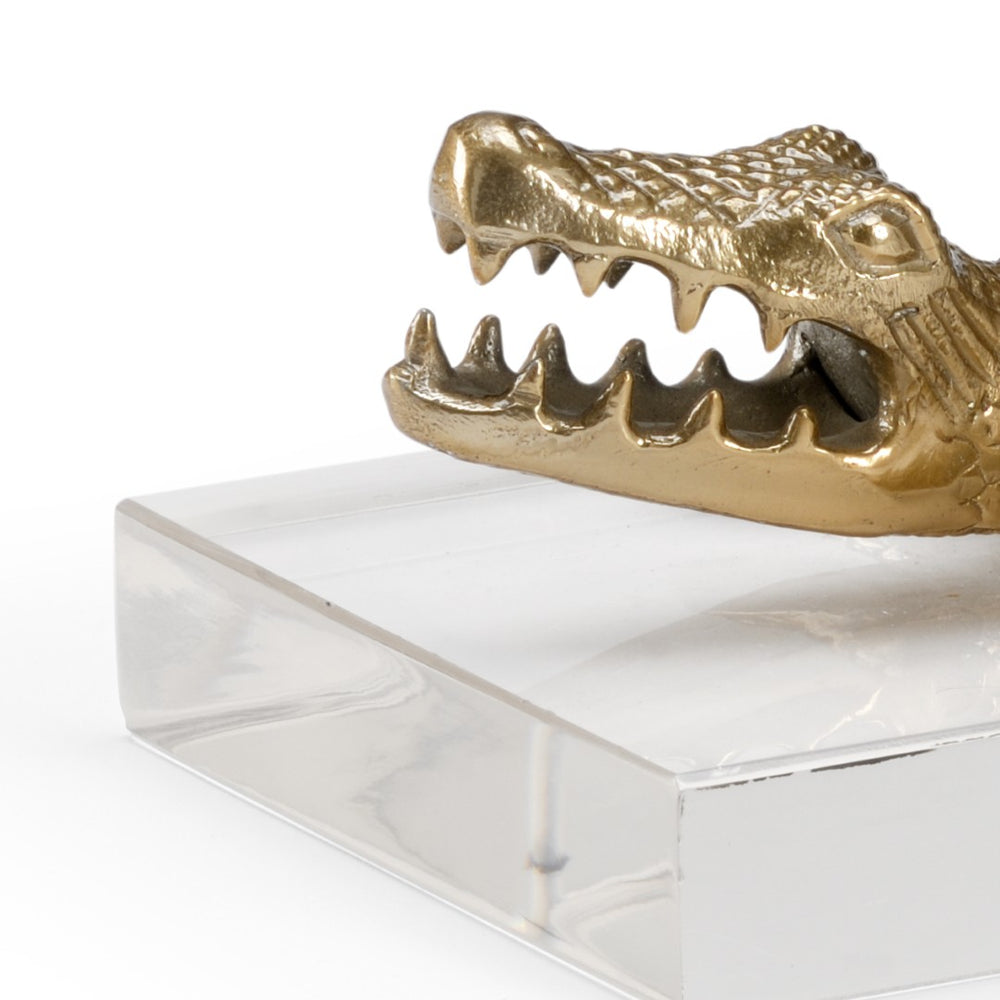 Wildwood Croc Antique Brass Crocodile Figurine On Clear Acrylic Base — Sculptural Mantel Accent, 14.25" Wide 301907